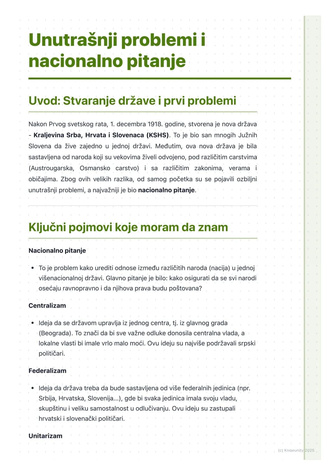 # Unutrašnji problemi i
nacionalno pitanje

Uvod: Stvaranje države i prvi problemi

Nakon Prvog svetskog rata, 1. decembra 1918. godine, stv