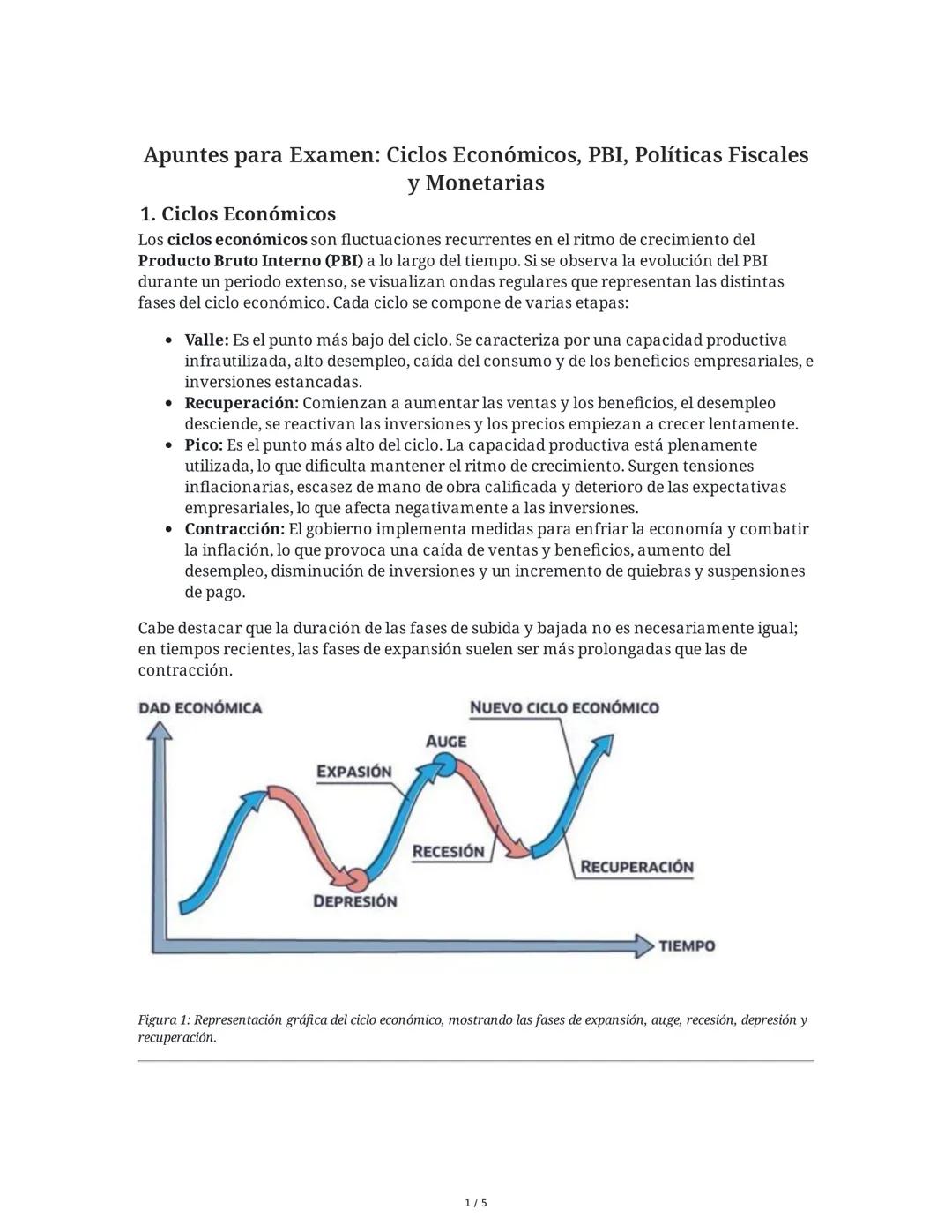 Apuntes para Examen: Ciclos Económicos, PBI, Políticas Fiscales
y Monetarias
1. Ciclos Económicos
Los ciclos económicos son fluctuaciones re