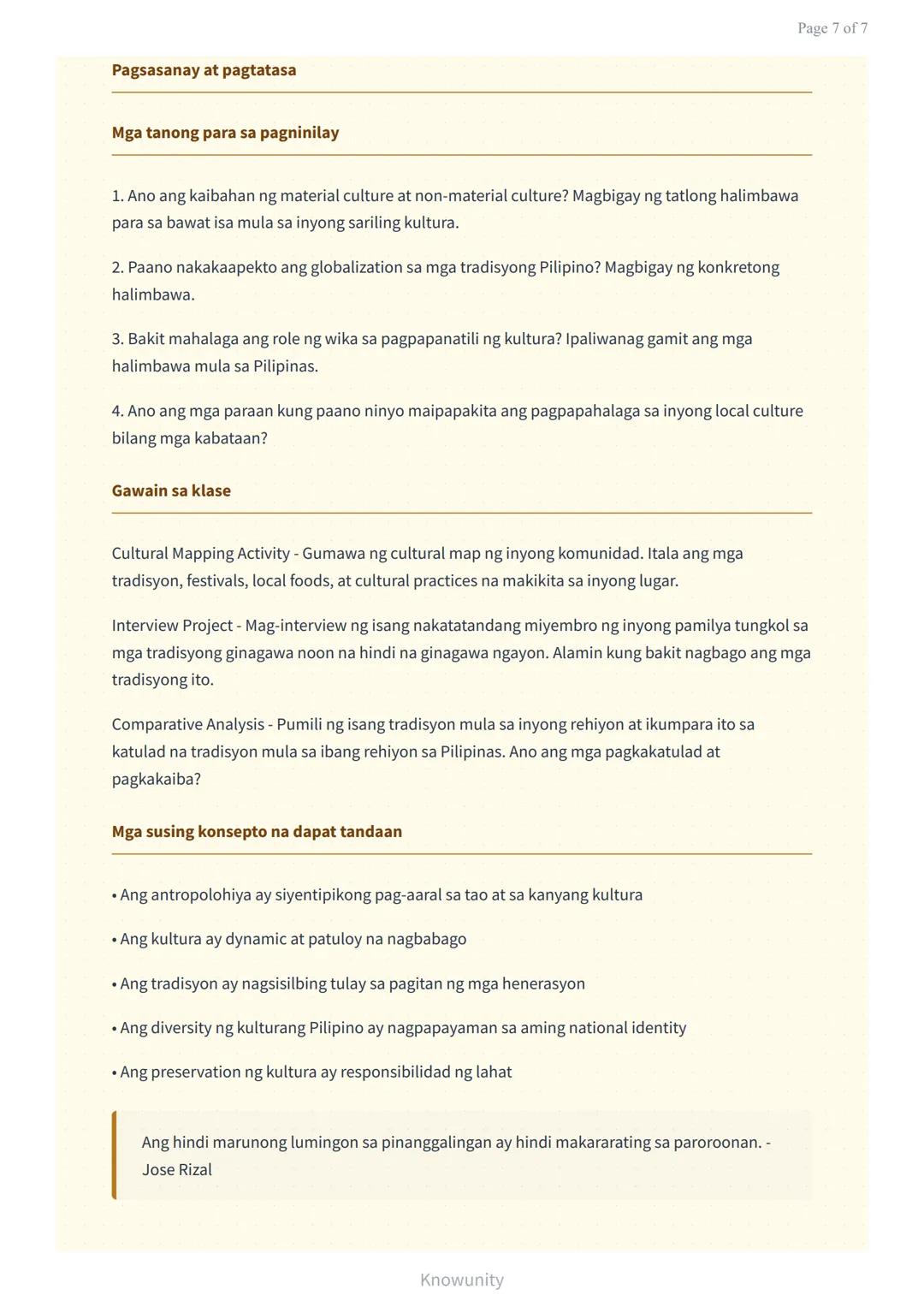 Antropolohiya: Kultura at Tradisyon sa Pilipinas
Pag-aaral sa kultura at tradisyon ng mga Pilipino sa pananaw ng
antropolohiya
Mga Layuning 