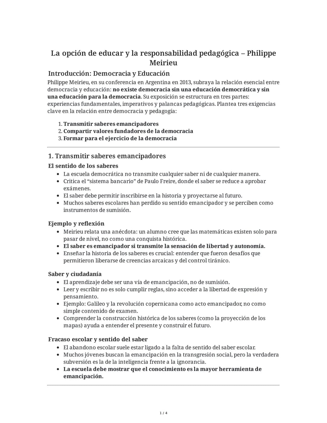 La opción de educar y la responsabilidad pedagógica - Philippe
Meirieu
Introducción: Democracia y Educación
Philippe Meirieu, en su conferen