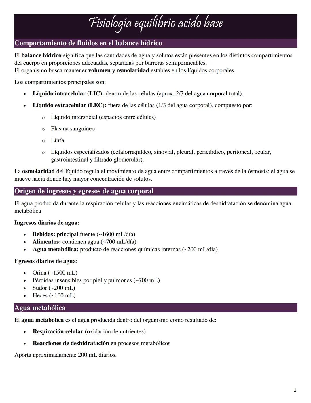 # Fisiología equilibrio acido base

Comportamiento de fluidos en el balance hídrico

El balance hídrico significa que las cantidades de agua