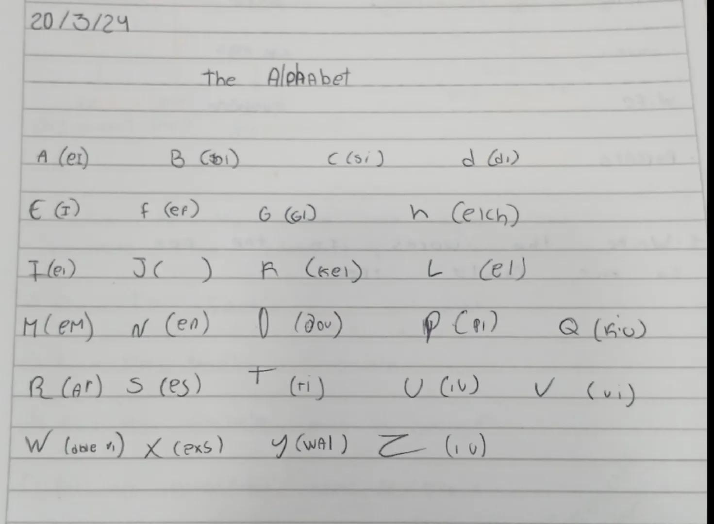 20/3/24
The Alphabet
A (ei)
B (bi)
C (si)
d (di)
E (i)
f (er)
G (gi)
h (eich)
I (ei)
J ( )
K (kei)
L (el)
M (em)
N (en)
O (ou)
P (pi)
Q (kio
