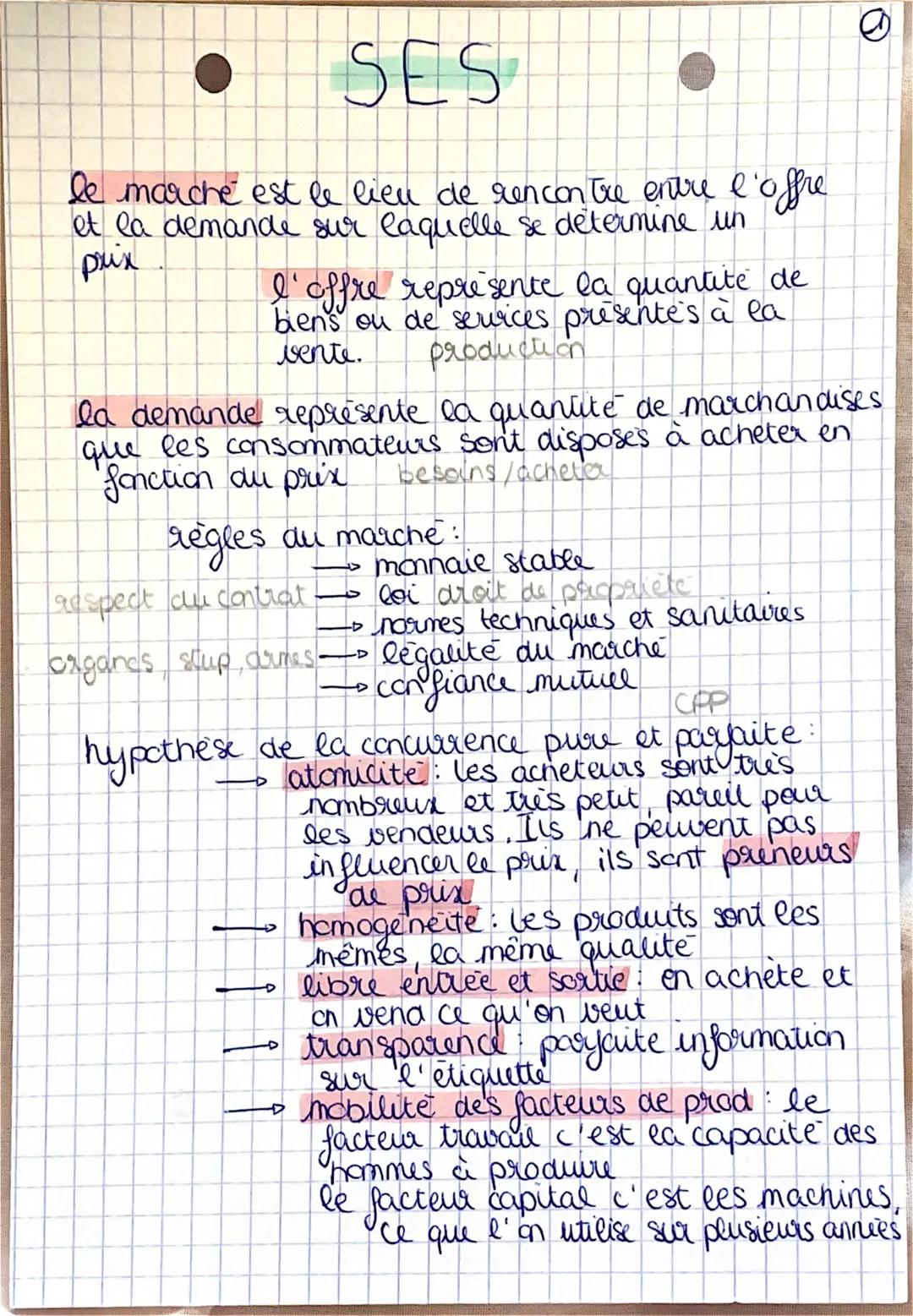 SES

le marche est le lieu de rencontre entre l'offre
et la demande sur laquelle se determine un
pux

l'offre represente la quantité de
bien