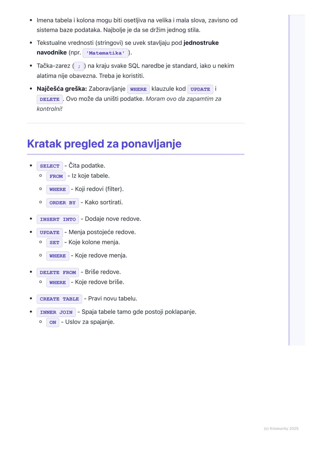 # SQL osnove

Uvod u SQL

SQL je skraćenica za Structured Query Language (Strukturirani jezik za
upite). To je standardni jezik koji se kori
