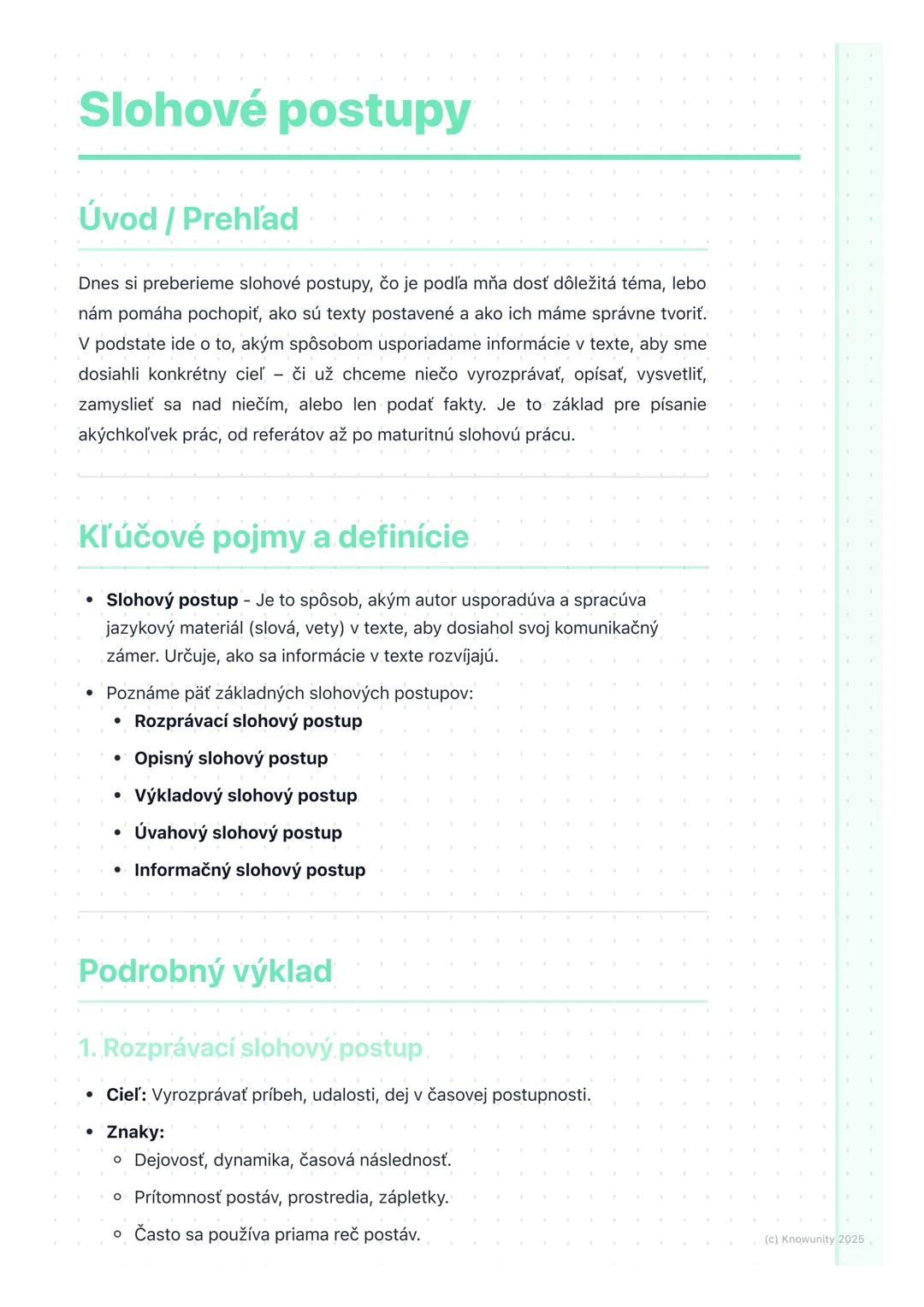 # Slohové postupy

Úvod / Prehľad

Dnes si preberieme slohové postupy, čo je podľa mňa dosť dôležitá téma, lebo
nám pomáha pochopiť, ako sú 