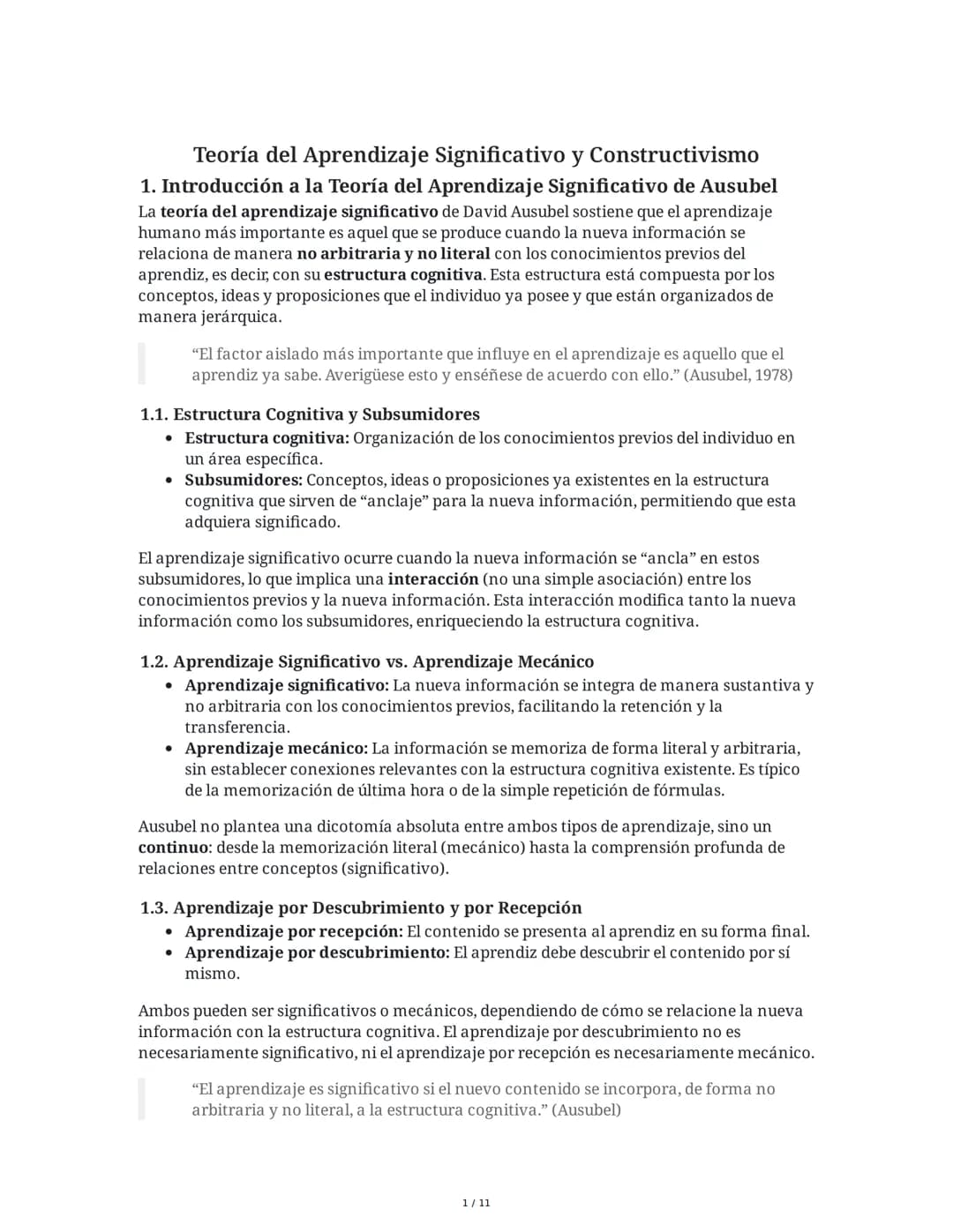 Teoría del Aprendizaje Significativo y Constructivismo
1. Introducción a la Teoría del Aprendizaje Significativo de Ausubel
La teoría del ap