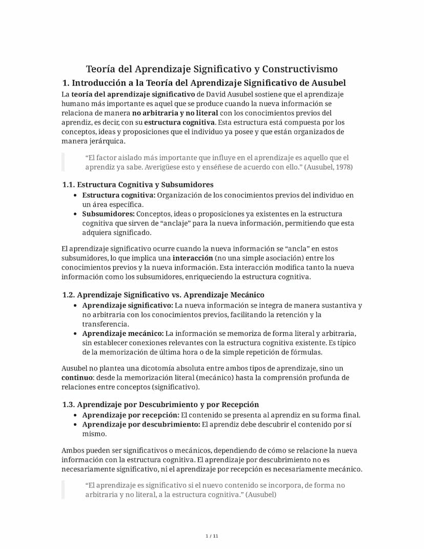 Teoría del Aprendizaje Significativo y Constructivismo
1. Introducción a la Teoría del Aprendizaje Significativo de Ausubel
La teoría del ap