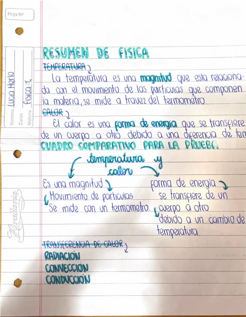 Rivadavia
Nombre
Curso
Materia
Lucia Merlo
Fisica
Hoja N
RESUMEN DE FISICA
TEMPERATURA
La temperatura es una magnitud que esta relaciona-
da