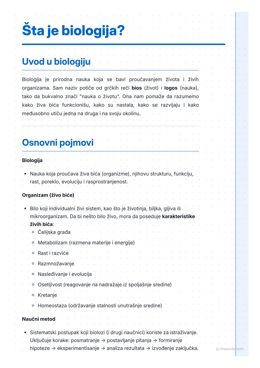 # Šta je biologija?

## Uvod u biologiju

Biologija je prirodna nauka koja se bavi proučavanjem života i živih
organizama. Sam naziv potiče 