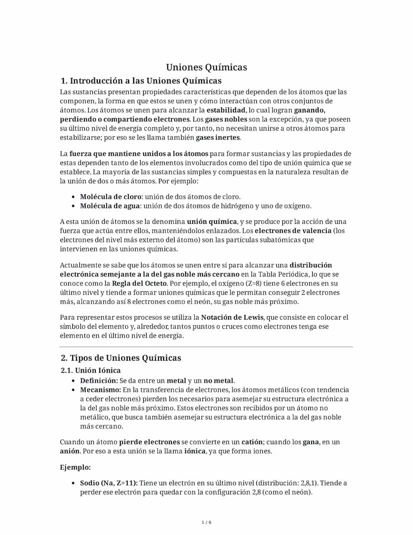 # Uniones Químicas

## 1. Introducción a las Uniones Químicas

Las sustancias presentan propiedades características que dependen de los átom
