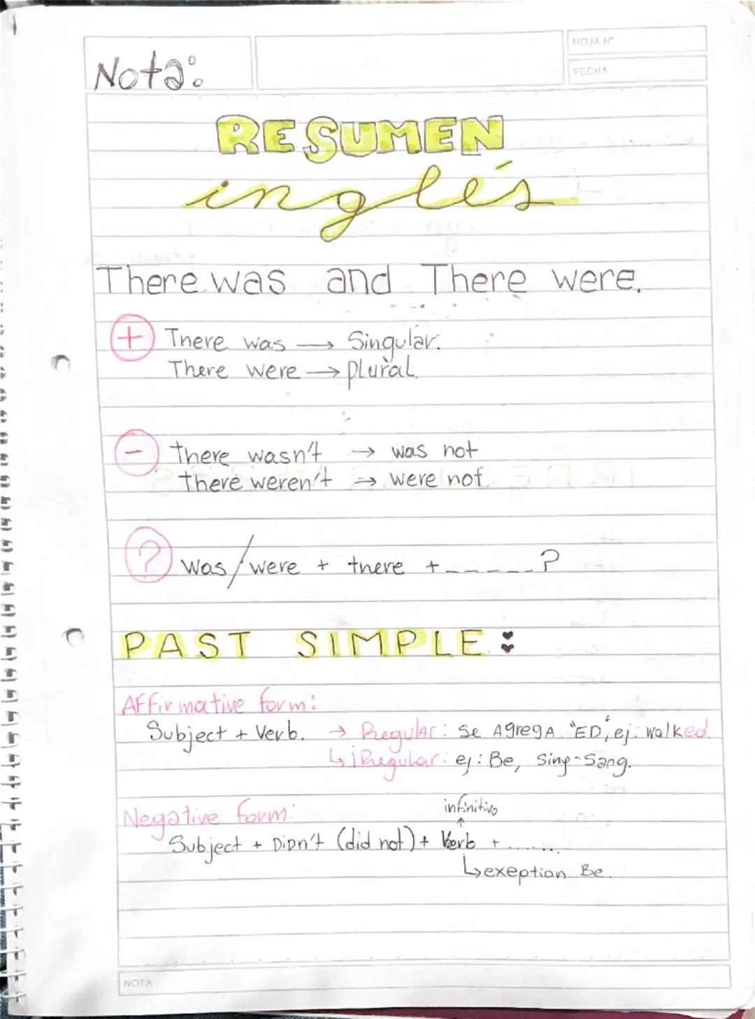 Nota
RESUMEN
inglés
HOJA N°
FEC
There was and There were.
+ There was →Singular.
There were → plural.
− there wasn't → was not
there weren't