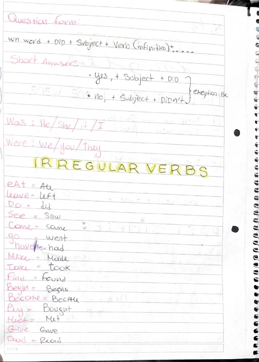 Nota
RESUMEN
inglés
HOJA N°
FEC
There was and There were.
+ There was →Singular.
There were → plural.
− there wasn't → was not
there weren't