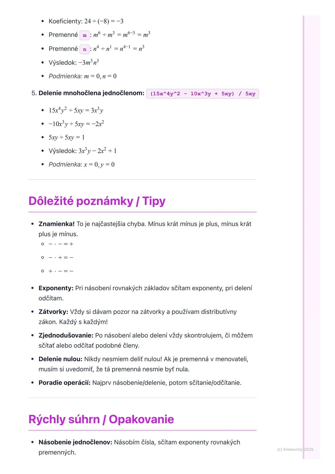 # Násobenie a delenie výrazov

Prehľad

Dnes si zopakujeme násobenie a delenie algebraických výrazov. Je to dôležité,
lebo nám to pomáha zje