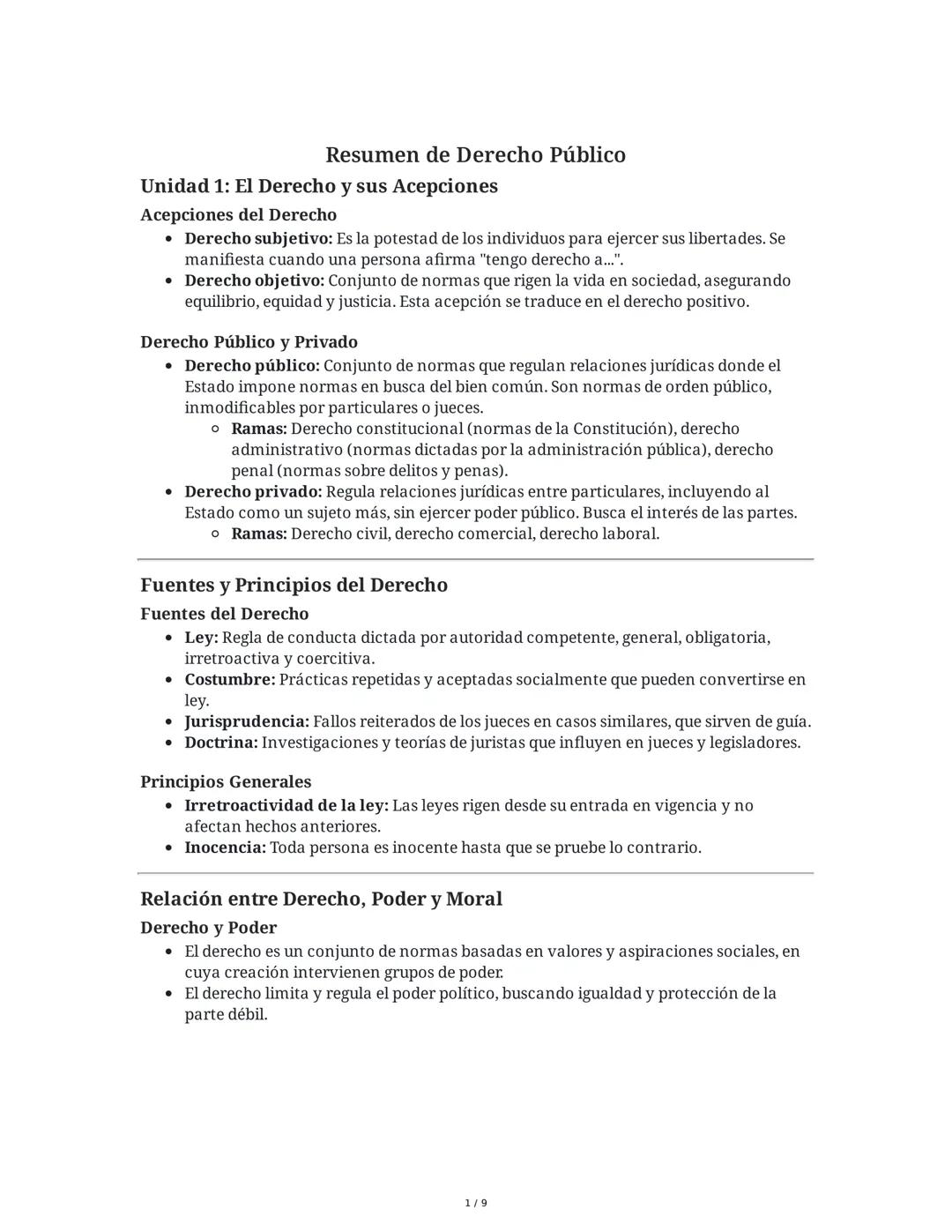 Resumen de Derecho Público
Unidad 1: El Derecho y sus Acepciones
Acepciones del Derecho
- Derecho subjetivo: Es la potestad de los individuo