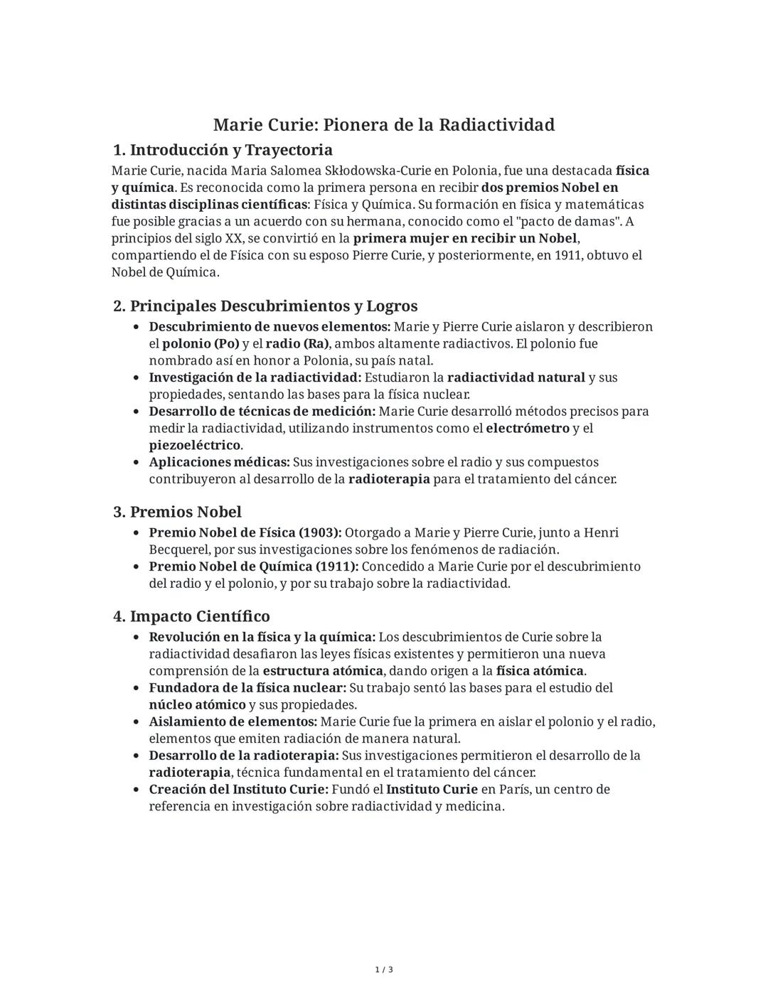 Marie Curie: Pionera de la Radiactividad
1. Introducción y Trayectoria
Marie Curie, nacida Maria Salomea Skłodowska-Curie en Polonia, fue un