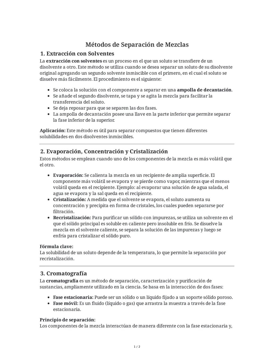 Métodos de Separación de Mezclas
1. Extracción con Solventes
La extracción con solventes es un proceso en el que un soluto se transfiere de 