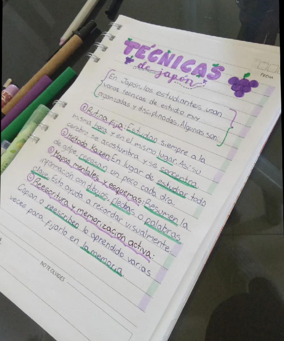 TECNICAS
de japon

En Japón, los estudiantes usan
varias técnicas de estudio muy
organizadas y disciplinadas. Algunas son:

FECHA

1 Rutina 