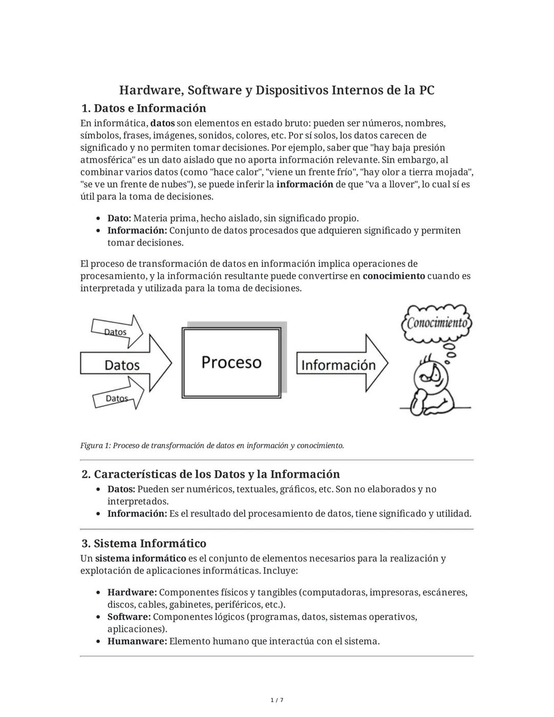 Hardware, Software y Dispositivos Internos de la PC
1. Datos e Información
En informática, datos son elementos en estado bruto: pueden ser n