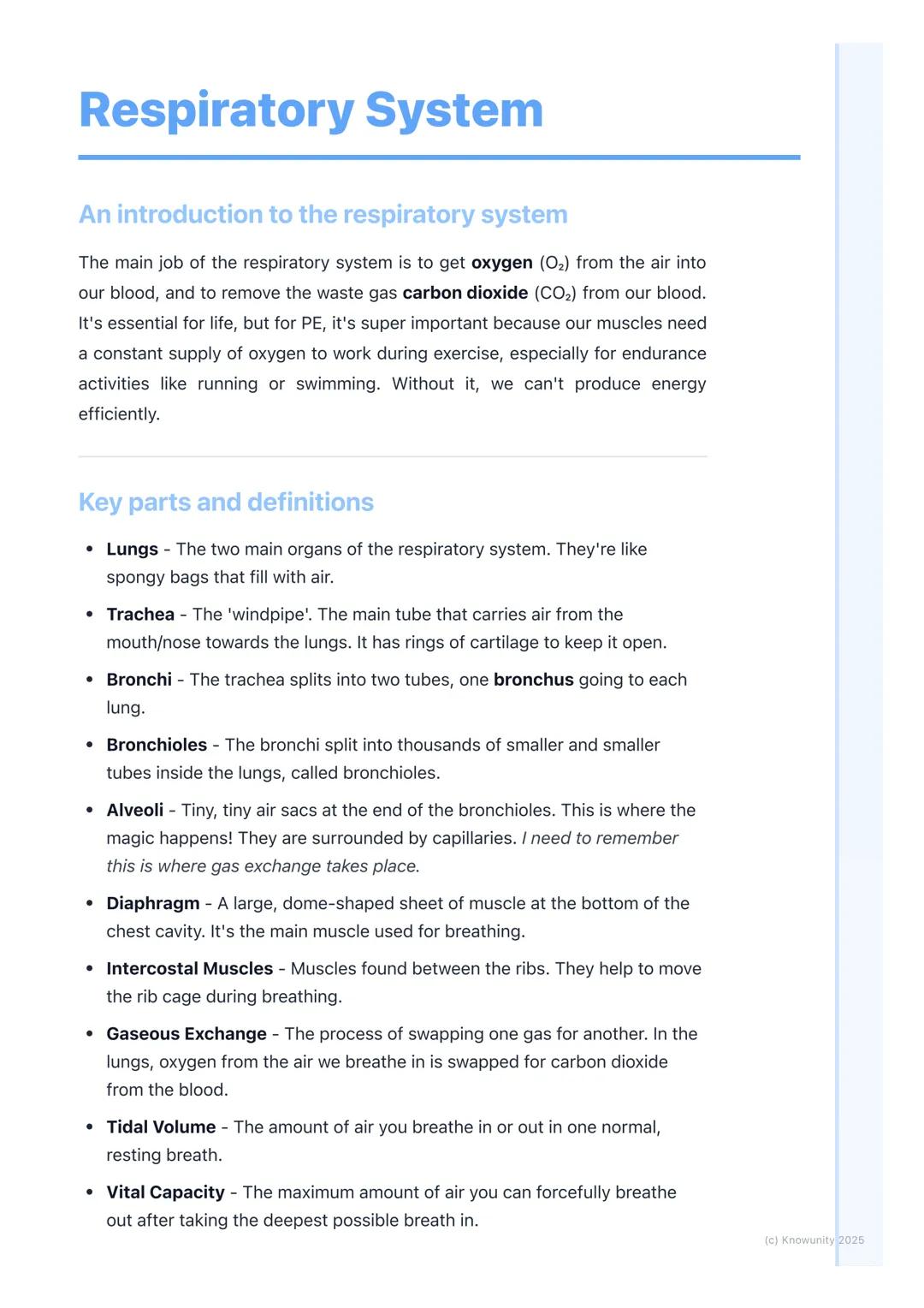 # Respiratory System

An introduction to the respiratory system

The main job of the respiratory system is to get oxygen (O2) from the air i
