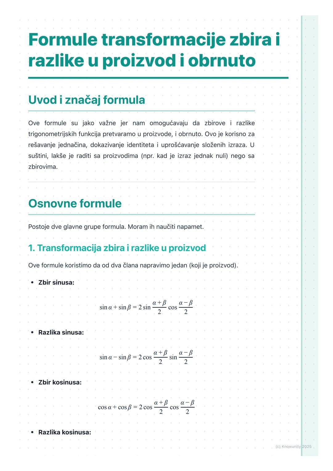 # Formule transformacije zbira i
razlike u proizvod i obrnuto

Uvod i značaj formula

Ove formule su jako važne jer nam omogućavaju da zbiro