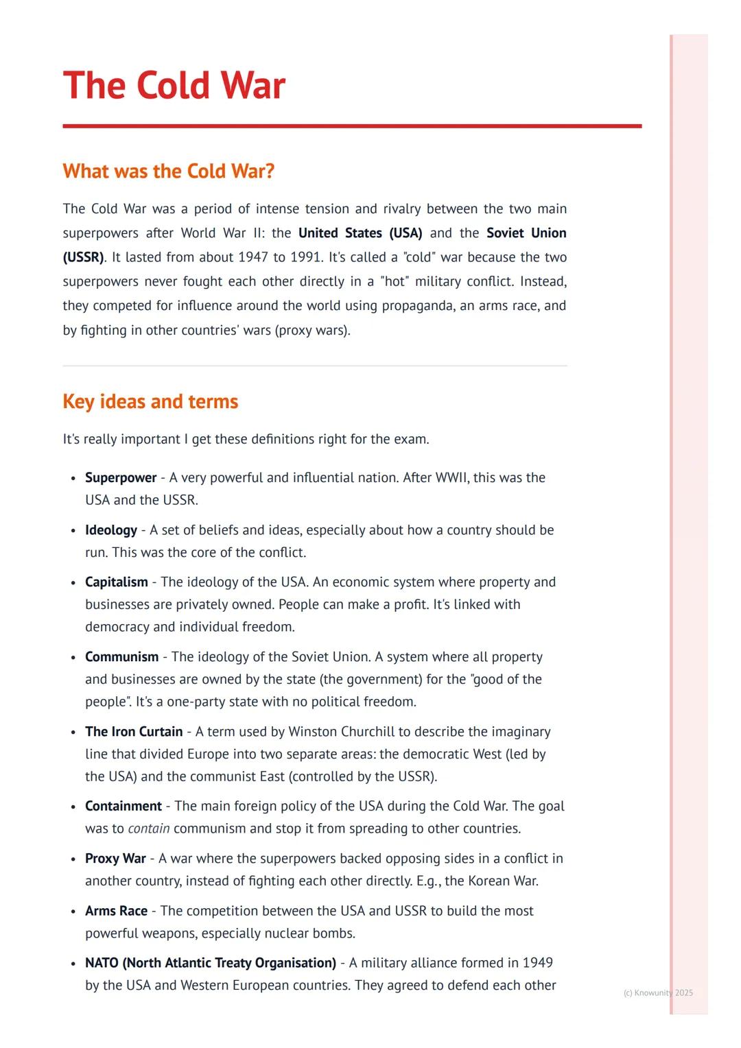 # The Cold War

What was the Cold War?

The Cold War was a period of intense tension and rivalry between the two main
superpowers after Worl