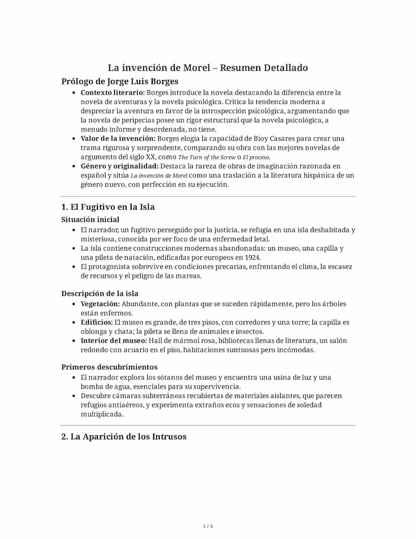 La invención de Morel - Resumen Detallado
Prólogo de Jorge Luis Borges
* Contexto literario: Borges introduce la novela destacando la difere