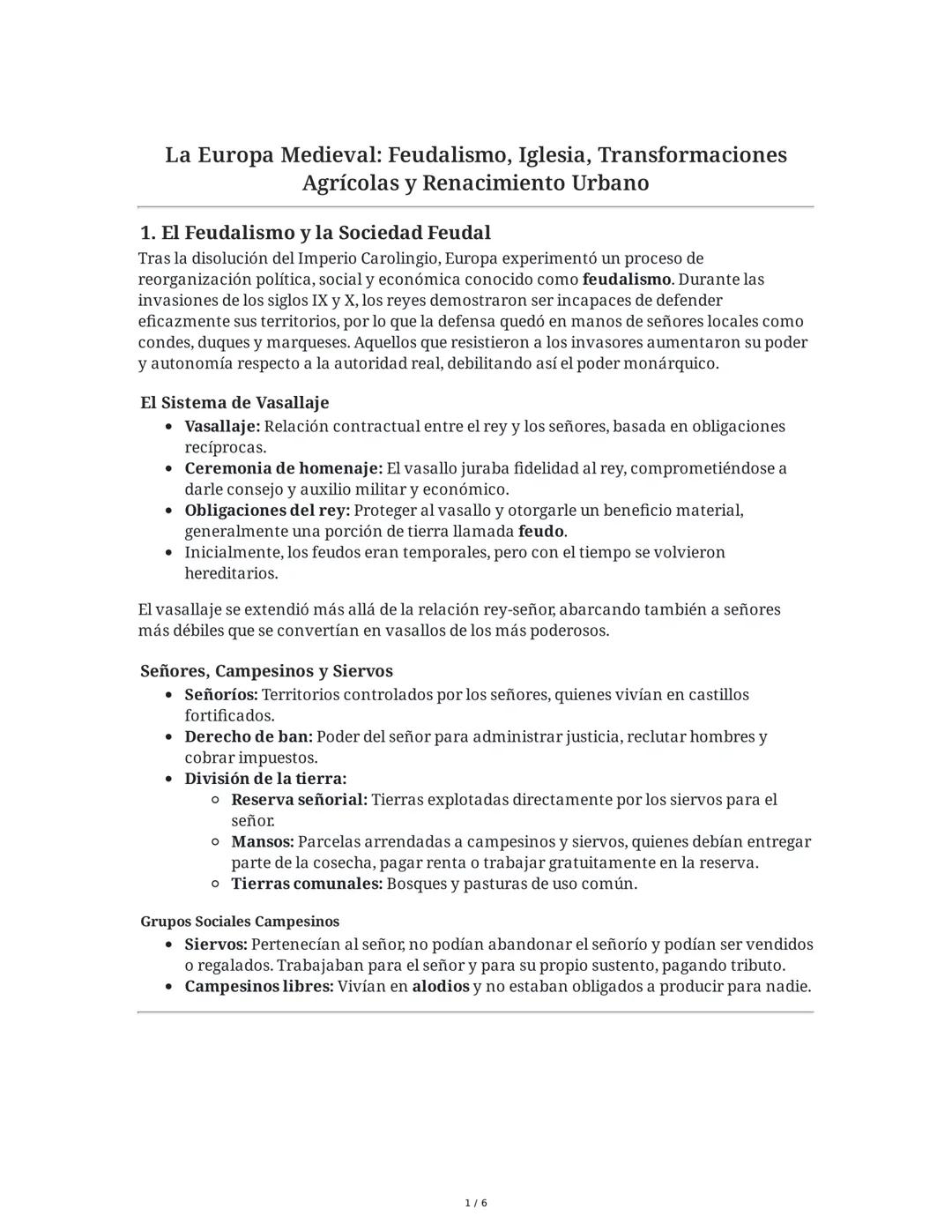 La Europa Medieval: Feudalismo, Iglesia, Transformaciones
Agrícolas y Renacimiento Urbano
1. El Feudalismo y la Sociedad Feudal
Tras la diso