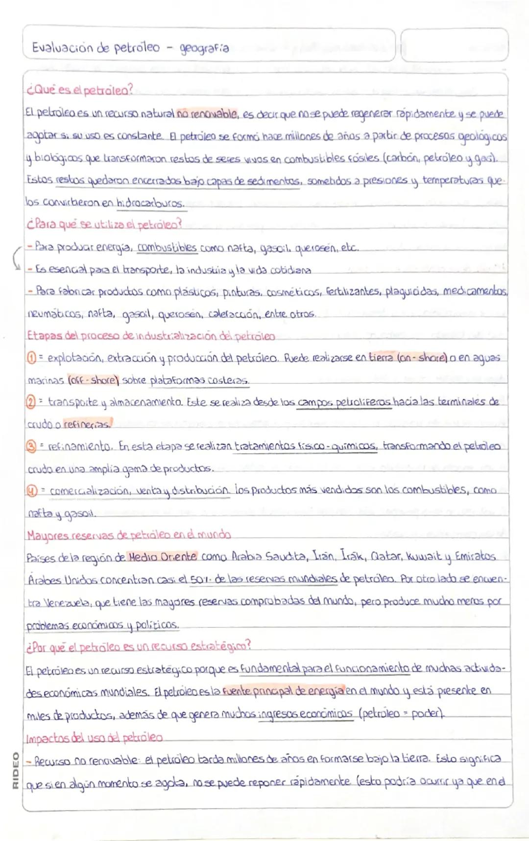 Evaluación de petroleo - geografia
¿Qué es el petróleo?
El petrolea es un recurso natural no renovable, es decir que no se puede regenerar r