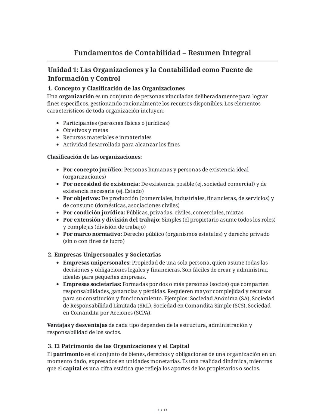 Fundamentos de Contabilidad - Resumen Integral
Unidad 1: Las Organizaciones y la Contabilidad como Fuente de
Información y Control
1. Concep