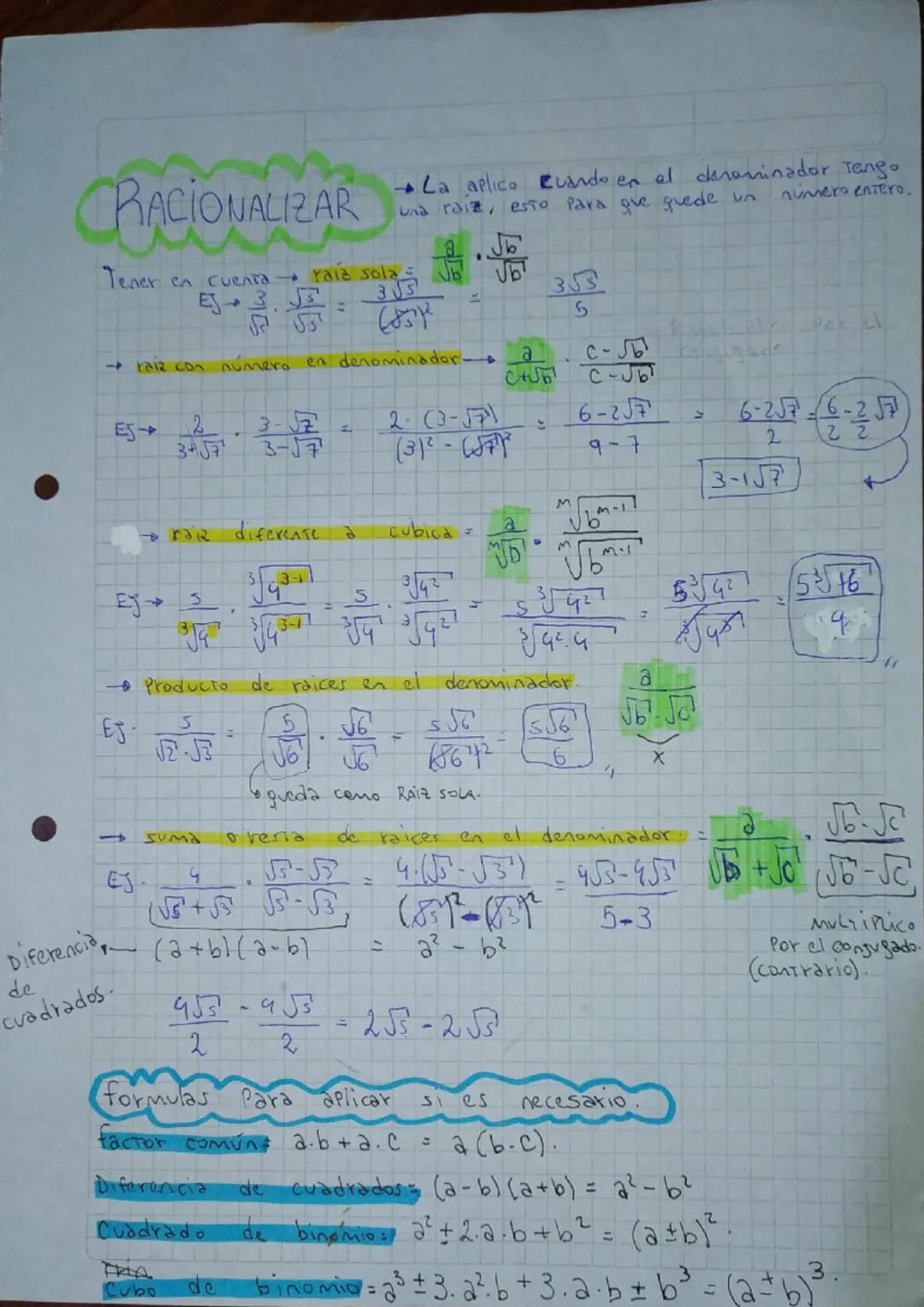 # RACIONALIZAR

La aplico cuando en el denominador Tengo
Una raiz, esto para que quede un numero entero

Tener en cuenta raid sola NE VET 35