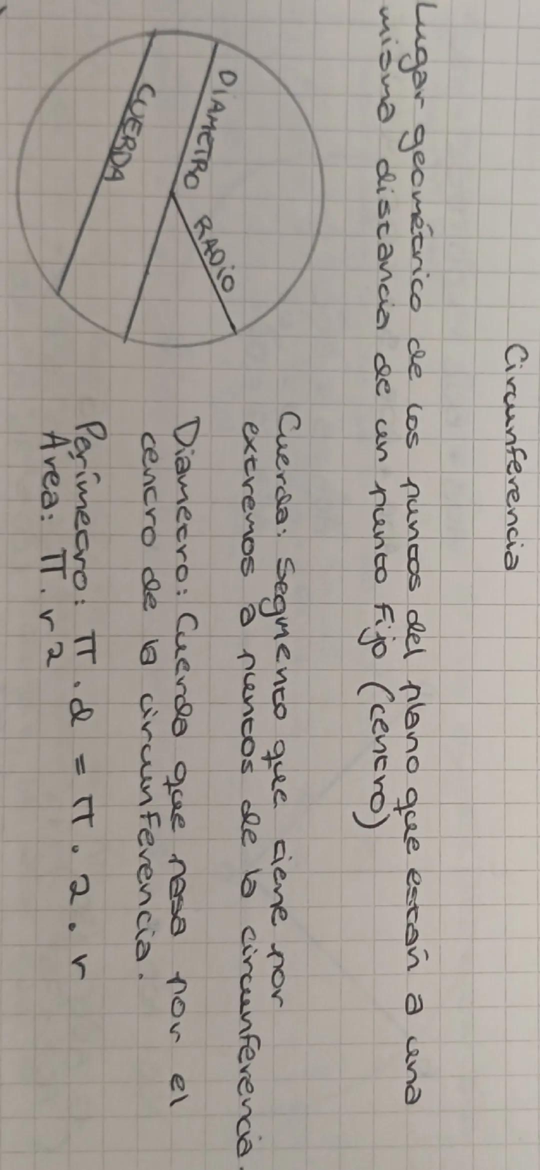 Circunferencia

Lugar geométrico de los puntos del plano que estan a una
misma distancia de un punto fijo (centro)

DIAMETRO RADIO
CUERDA

C