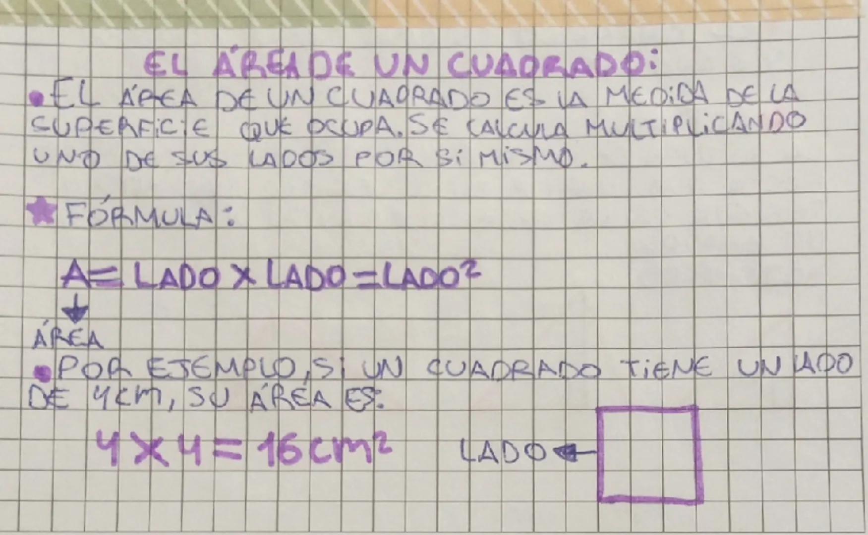 # EL AREA DE UN CUADRADO:

•EL ÁREA DE UN CUADRADO ES LA MEDIDA DE LA
SUPERFICIE QUE OCUPA. SE CALCULA MULTIPLICANDO
UND DE SUS LADOS POR SI