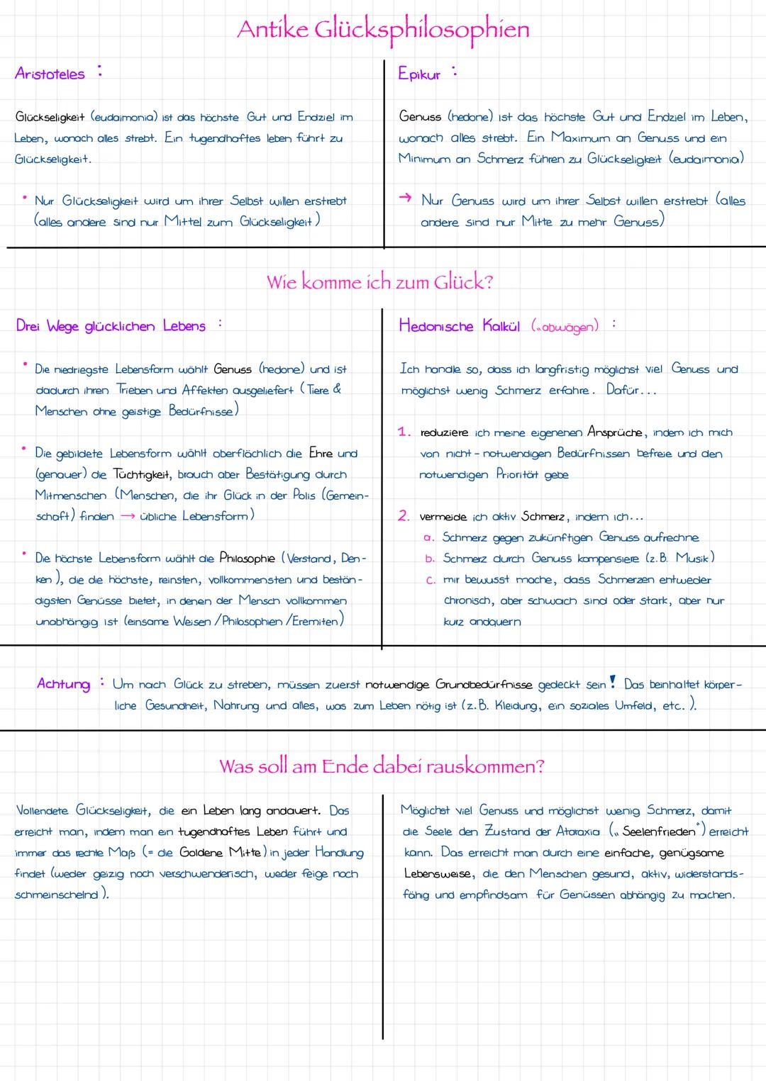 # Antike Glücksphilosophien

Aristoteles:

Glückseligkeit (eudaimonia) ist das höchste Gut und Endziel im
Leben, wonach alles strebt. Ein tu