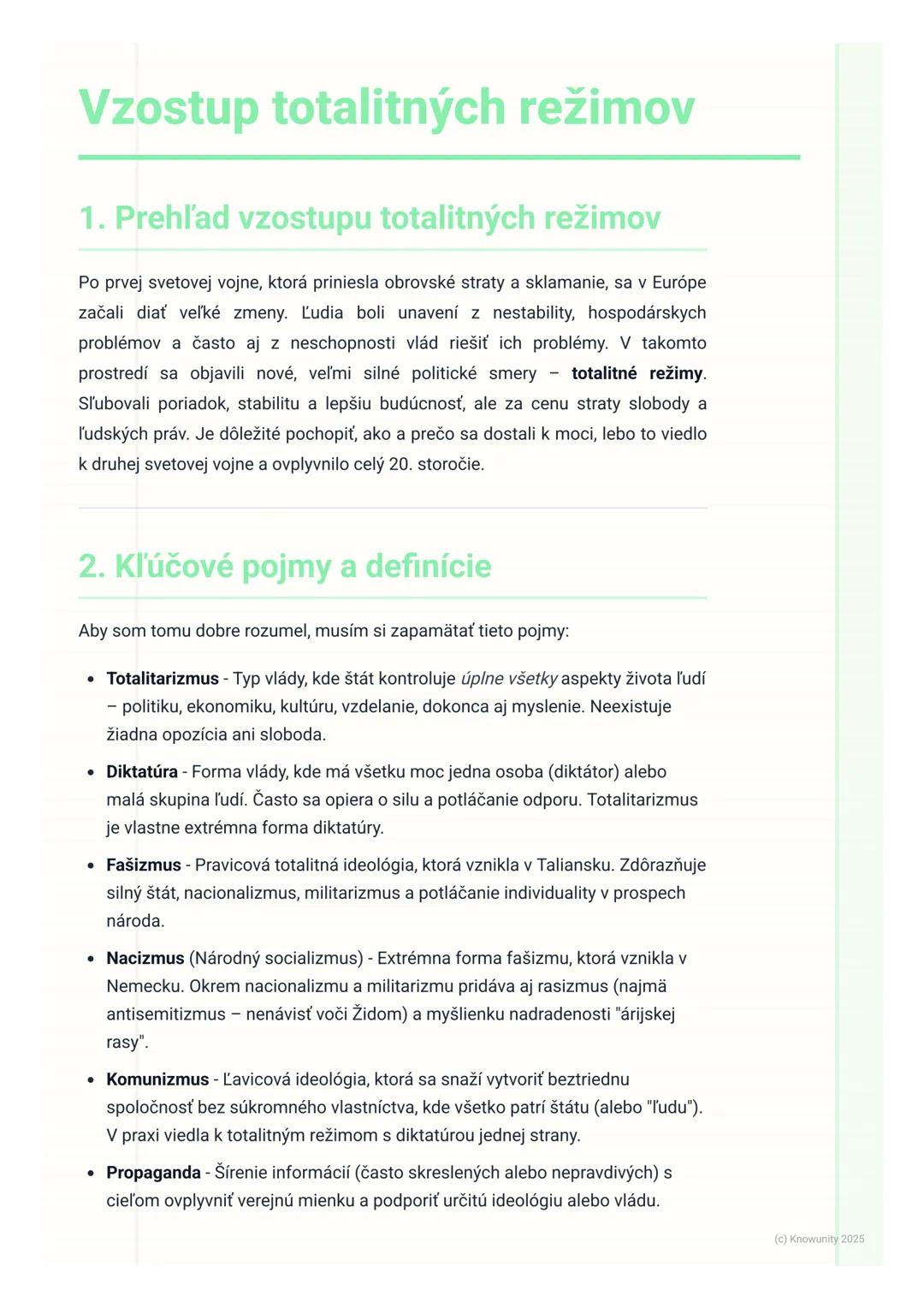 # Vzostup totalitných režimov

1. Prehľad vzostupu totalitných režimov

Po prvej svetovej vojne, ktorá priniesla obrovské straty a sklamanie