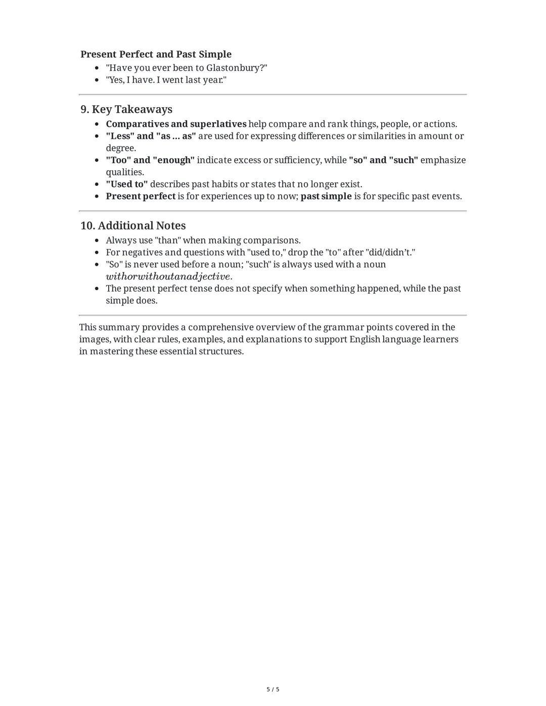 English Grammar Reference and Practice Summary
This summary covers key grammar points from the provided images, focusing on
comparatives and