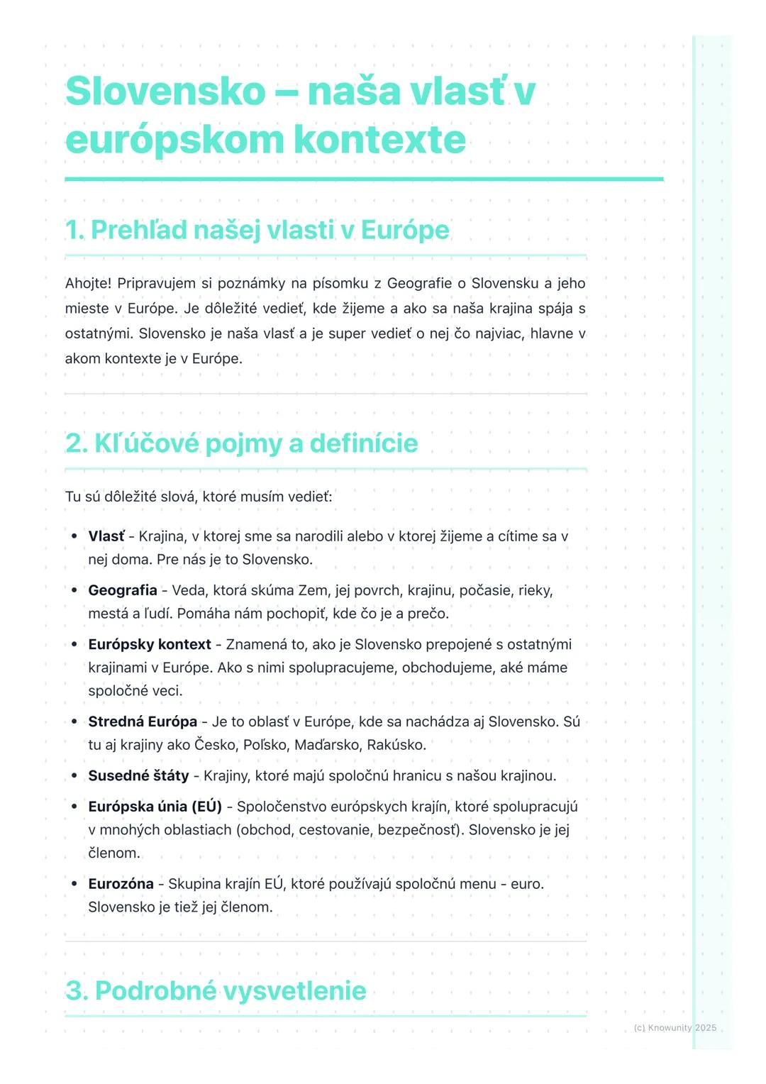 # Slovensko - naša vlasť v
európskom kontexte

1. Prehľad našej vlasti v Európe

Ahojte! Pripravujem si poznámky na písomku z Geografie o Sl