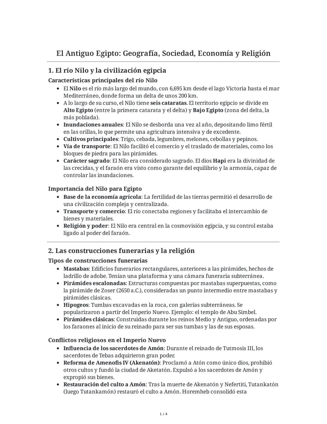 El Antiguo Egipto: Geografía, Sociedad, Economía y Religión
1. El río Nilo y la civilización egipcia
Características principales del río Nil