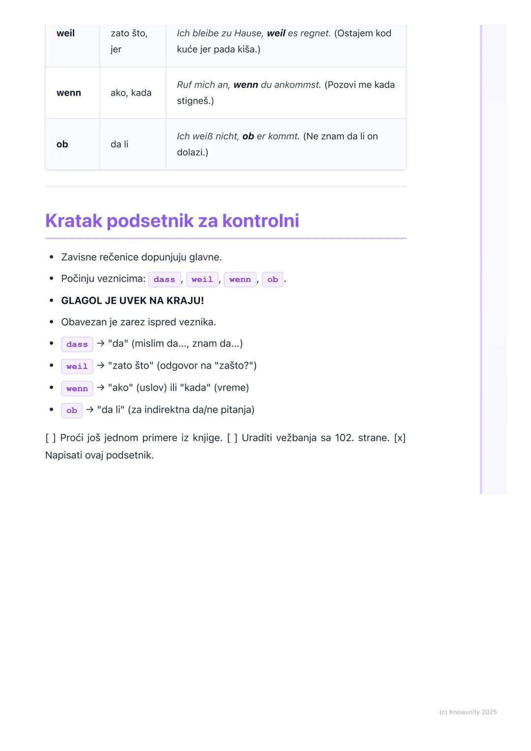 # Zavisne rečenice (dass, weil,
wenn, ob)

## Uvod u zavisne rečenice

Zavisne rečenice su rečenice koje ne mogu da stoje samostalno. One za