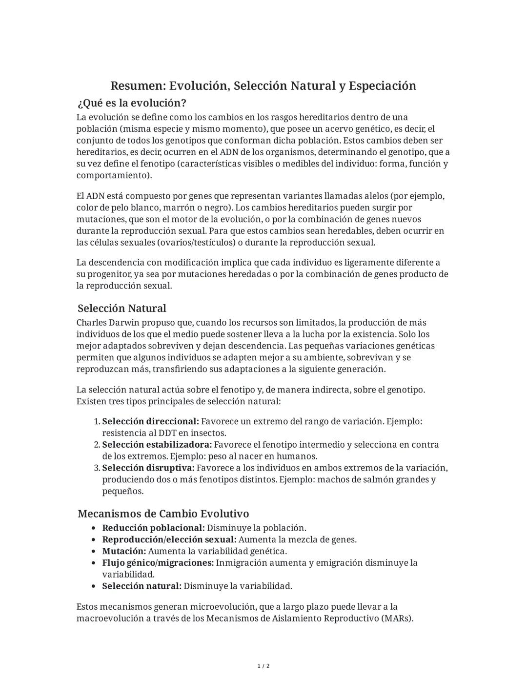 Resumen: Evolución, Selección Natural y Especiación
¿Qué es la evolución?
La evolución se define como los cambios en los rasgos hereditarios