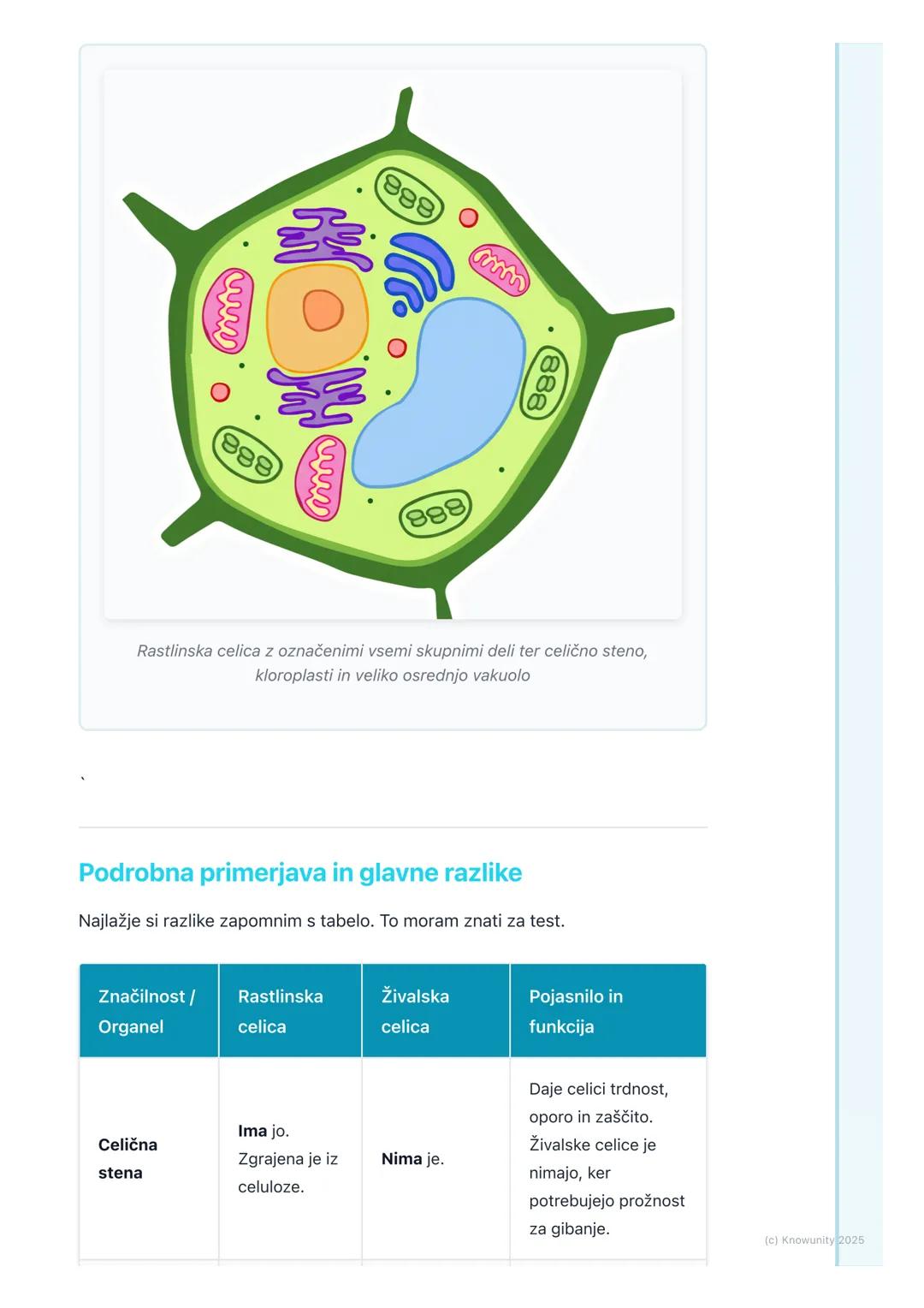 # Rastlinska in živalska celica

## Uvod v primerjavo celic

Vse živali in rastline so zgrajene iz celic. Celica je osnovna enota življenja.
