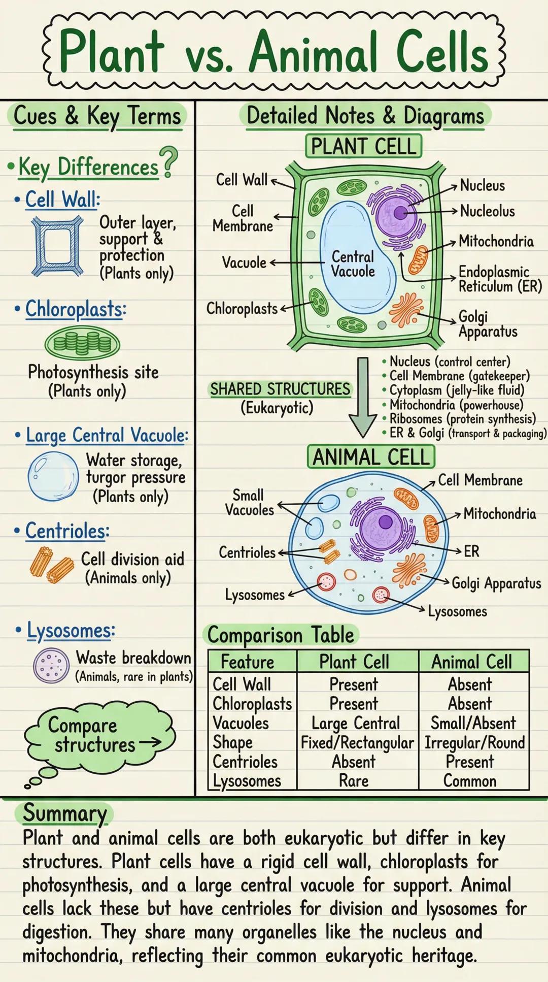 # Plant vs. Animal Cells

## Cues & Key Terms

- Key Differences?

- Cell Wall:
  Outer layer,
  support &
  protection
  (Plants only)

- C