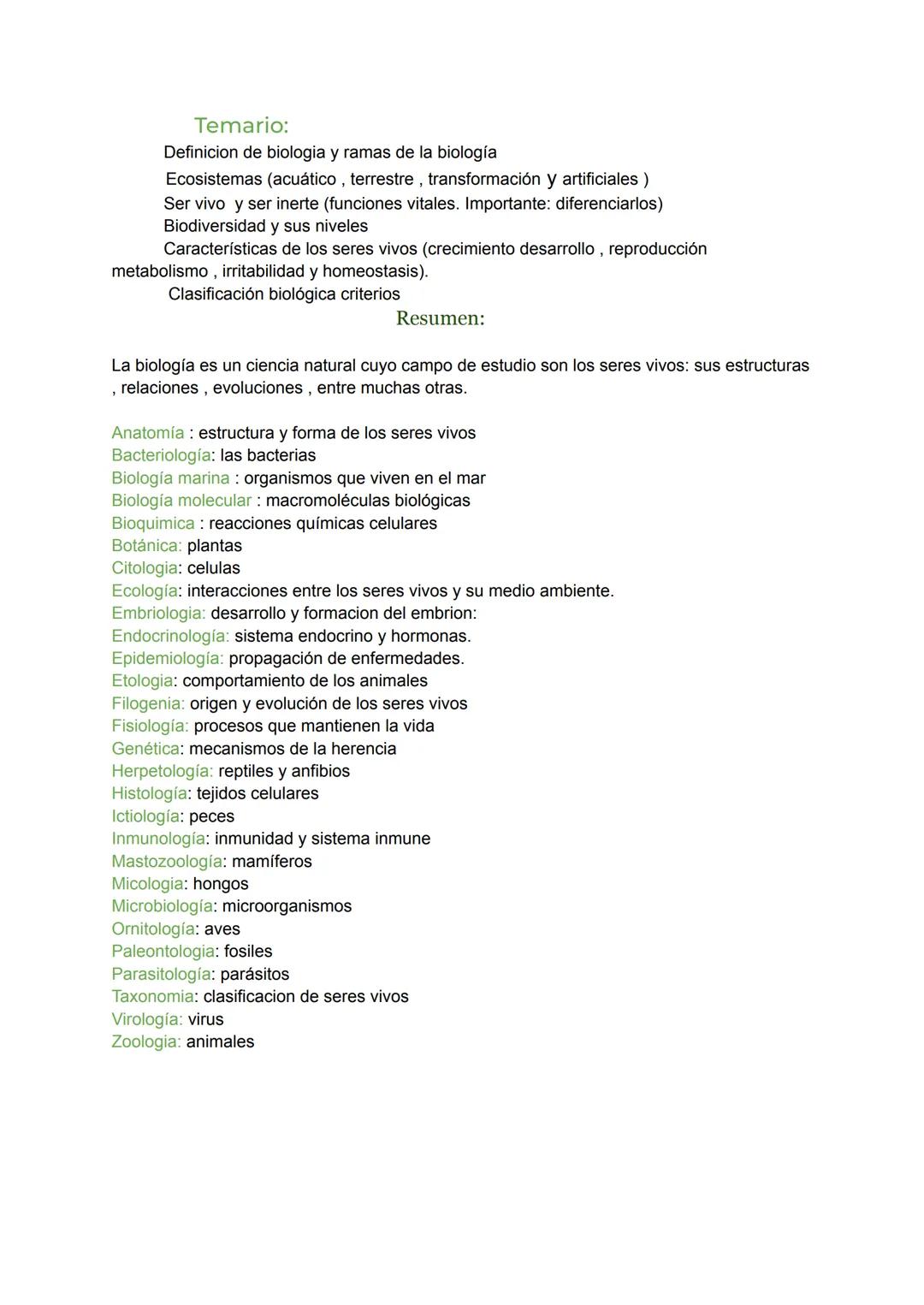 --- OCR Start ---
Temario:
Definicion de biologia y ramas de la biología
Ecosistemas (acuático, terrestre, transformación y artificiales)
Se