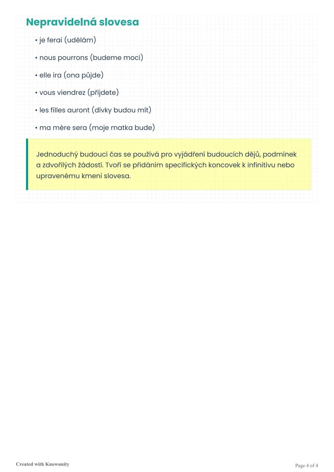 # Jednoduchý budoucí čas ve
francouzštině (Le futur simple)

Přehled jednoduchého budoucího času ve francouzštině, jeho použití, tvorba a
př