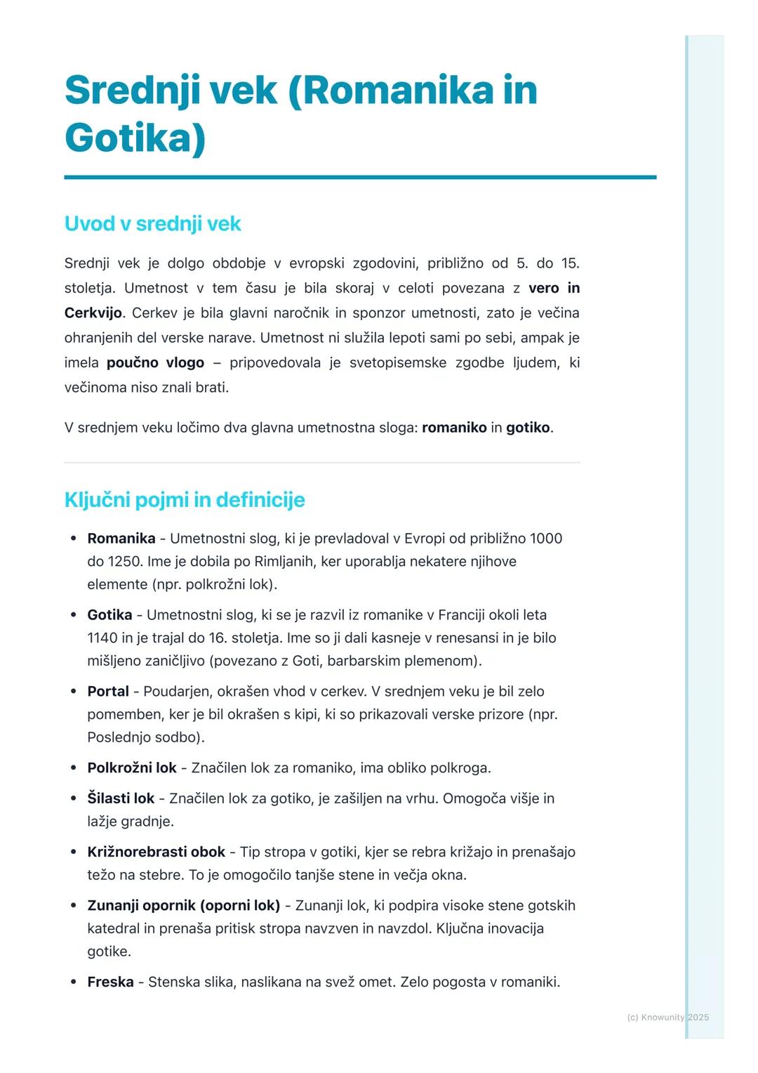 # Srednji vek (Romanika in
Gotika)

Uvod v srednji vek

Srednji vek je dolgo obdobje v evropski zgodovini, približno od 5. do 15.
stoletja. 