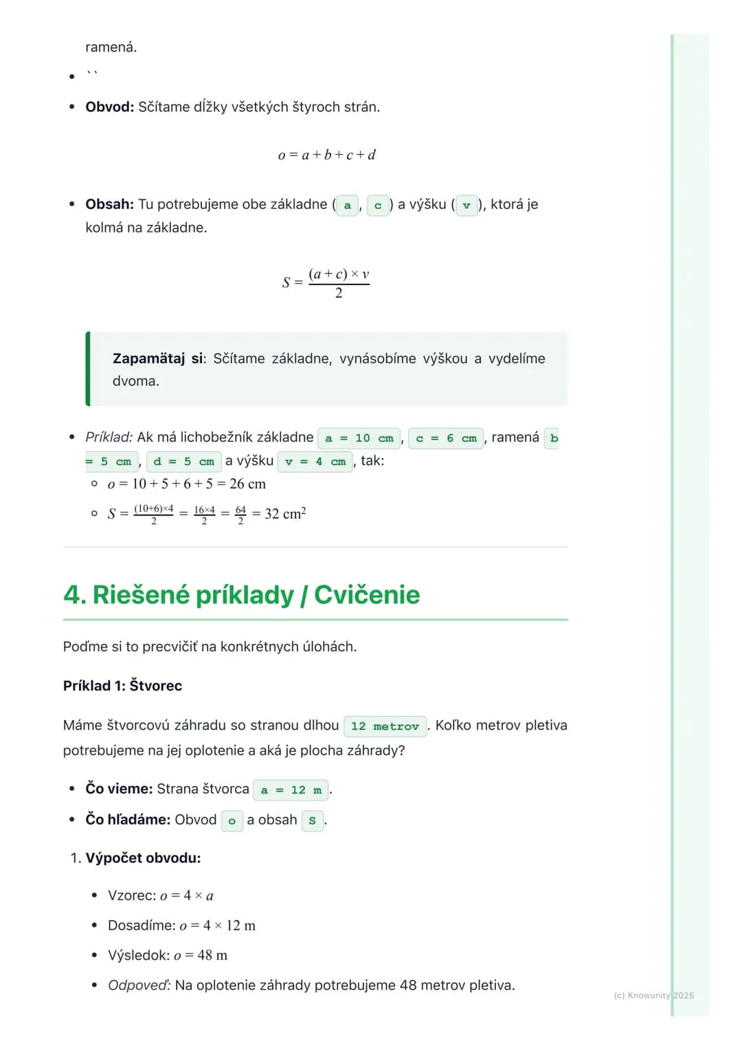 # Obvod a obsah štvoruholníkov

1. Prehľad obvodu a obsahu
štvoruholníkov

Dnes sa budeme učiť o štvoruholníkoch a ako vypočítať ich obvod a