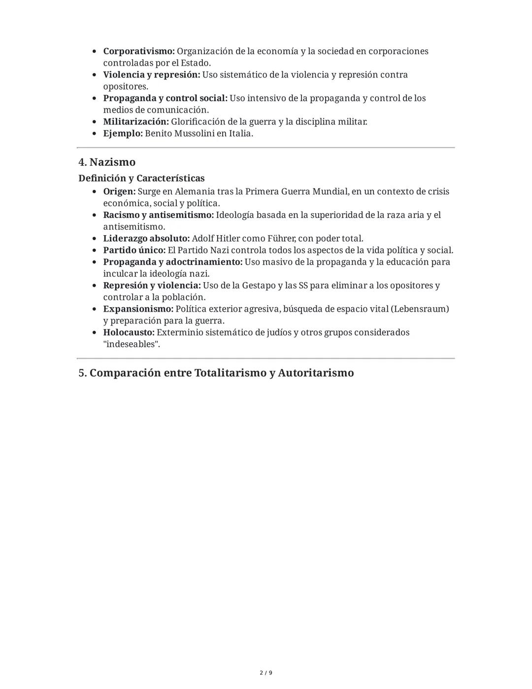 Resumen Detallado de los Apuntes y Preguntas sobre
Totalitarismo, Autoritarismo, Fascismo y Nazismo
1. Totalitarismo
Definición y Caracterís