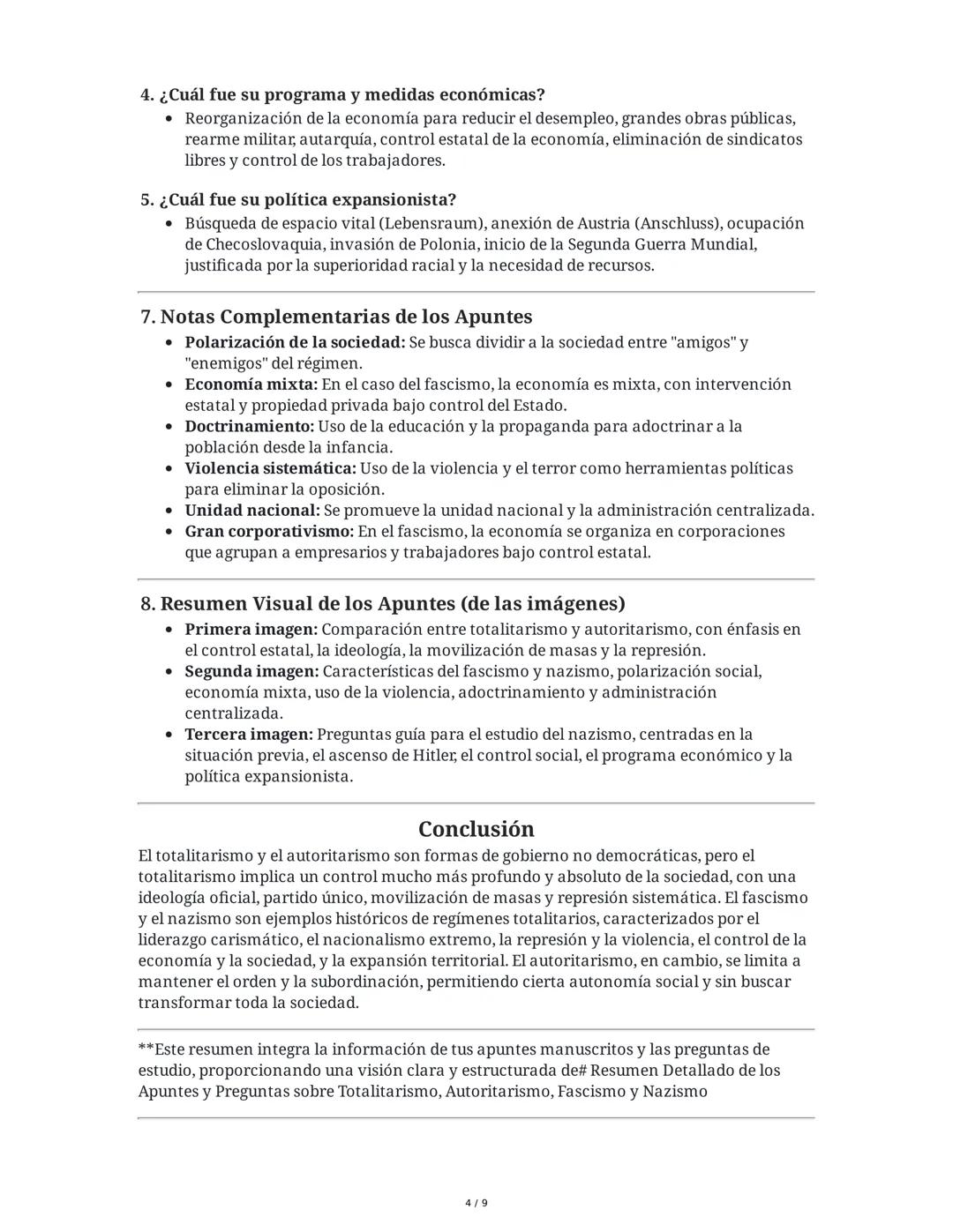 Resumen Detallado de los Apuntes y Preguntas sobre
Totalitarismo, Autoritarismo, Fascismo y Nazismo
1. Totalitarismo
Definición y Caracterís