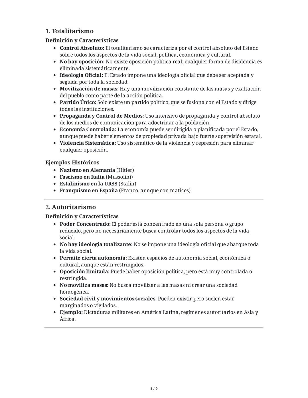 Resumen Detallado de los Apuntes y Preguntas sobre
Totalitarismo, Autoritarismo, Fascismo y Nazismo
1. Totalitarismo
Definición y Caracterís
