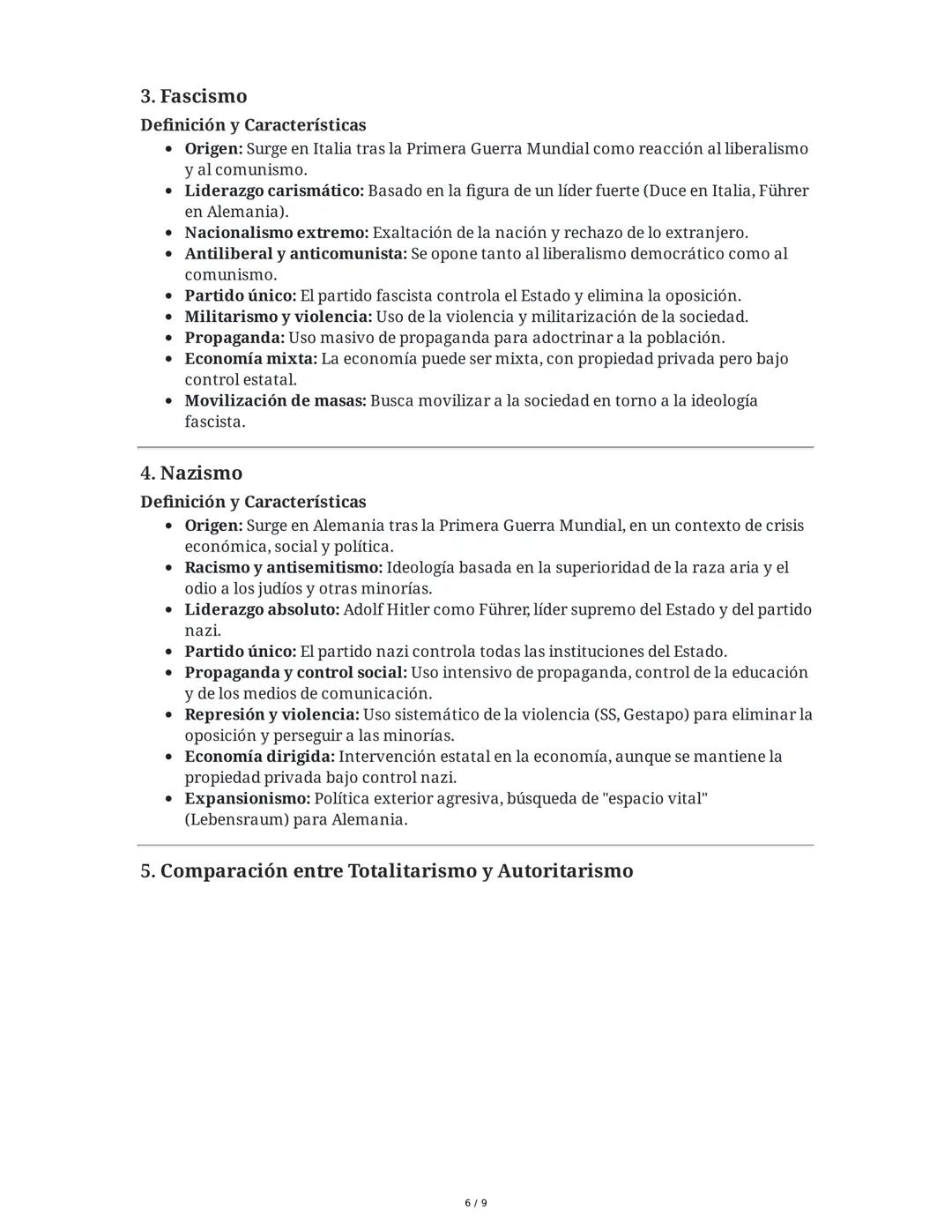 Resumen Detallado de los Apuntes y Preguntas sobre
Totalitarismo, Autoritarismo, Fascismo y Nazismo
1. Totalitarismo
Definición y Caracterís