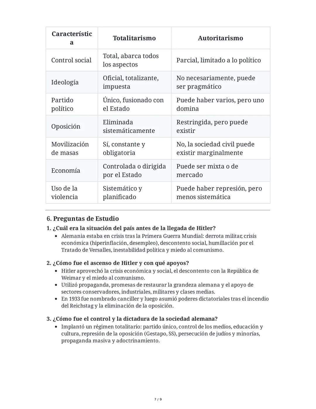 Resumen Detallado de los Apuntes y Preguntas sobre
Totalitarismo, Autoritarismo, Fascismo y Nazismo
1. Totalitarismo
Definición y Caracterís